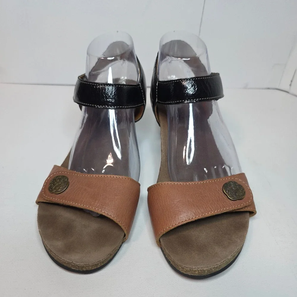 Taos Women's Wedge Sandals Patten Black Tan Leather Ankle‎ Strap Size 41 Comfy